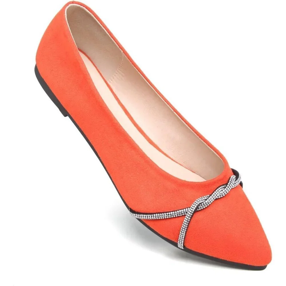 Women's Orange Casual Flats Fashion Chain Pointed Toe Ballet Flat Rhinestone